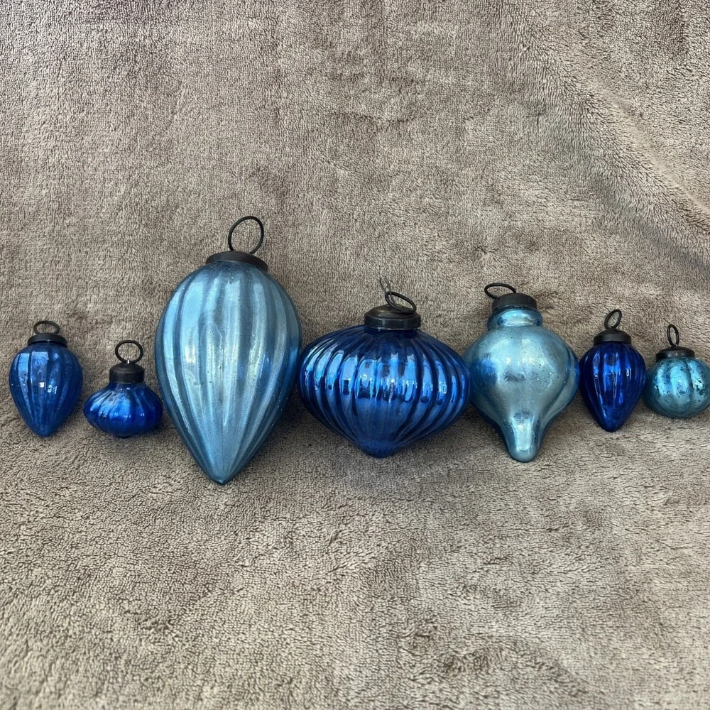 Vintage Ribbed German Kugel Style Mercury Glass Lot‎ of 7 Christmas Ornaments